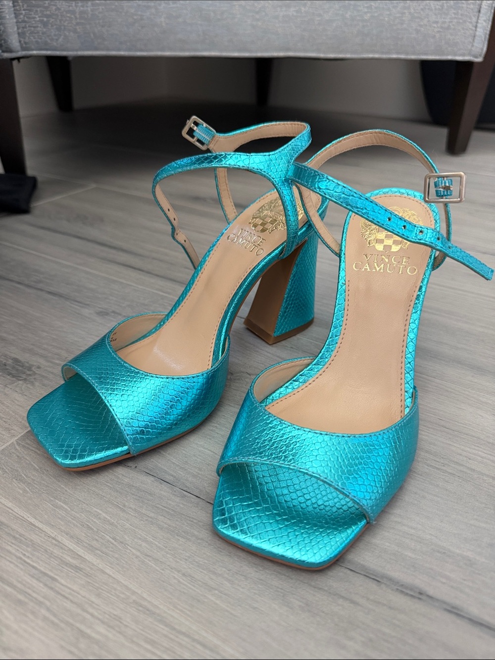 Vince Camuto Teal Metallic Block Heel Sandals